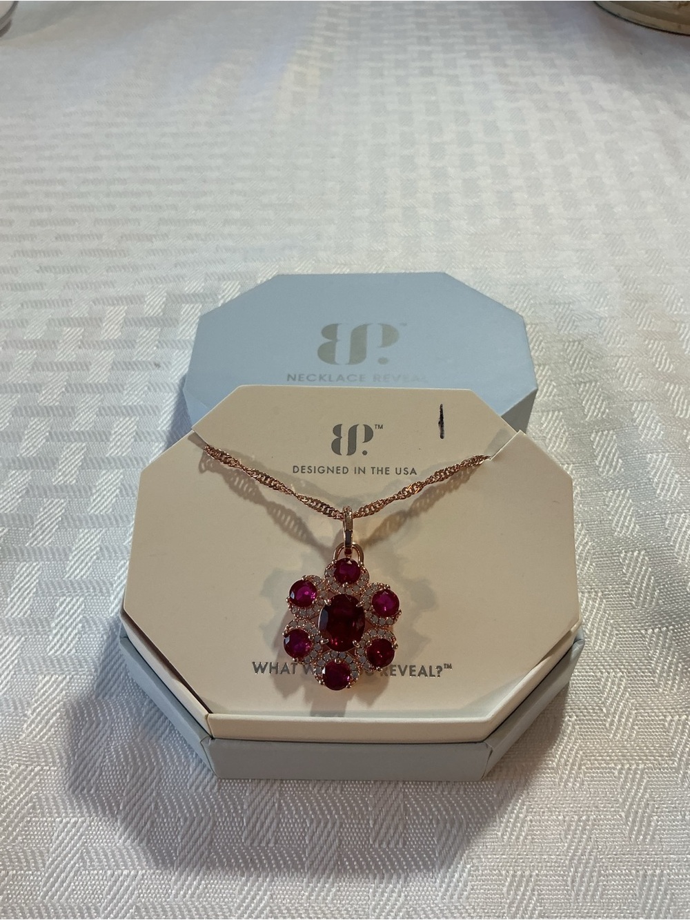 Bomb Party Lab Created Rose Gold Ruby Red Flower Cluster Halo Pendant Necklace